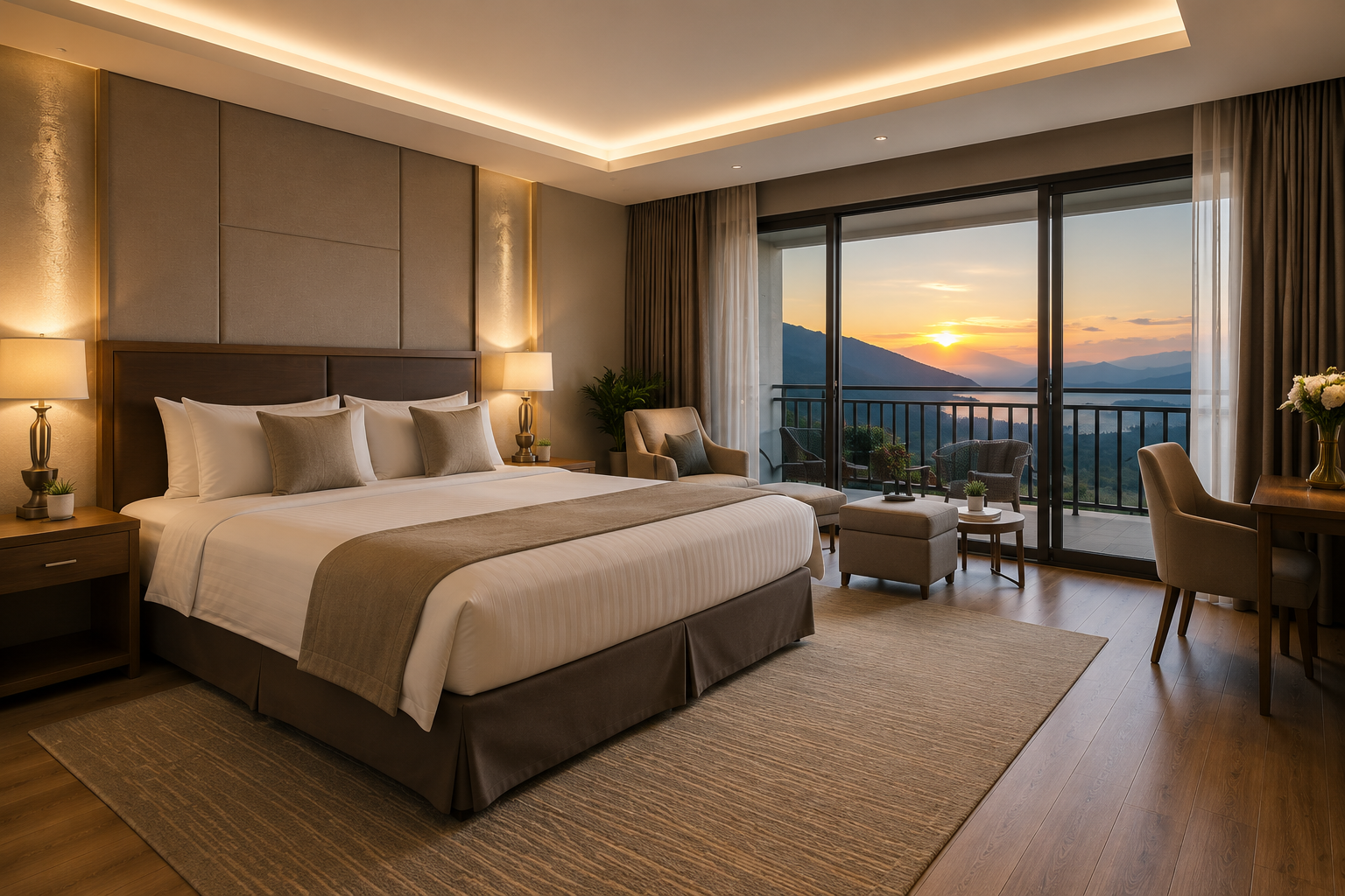 Modern deluxe hotel room with a balcony